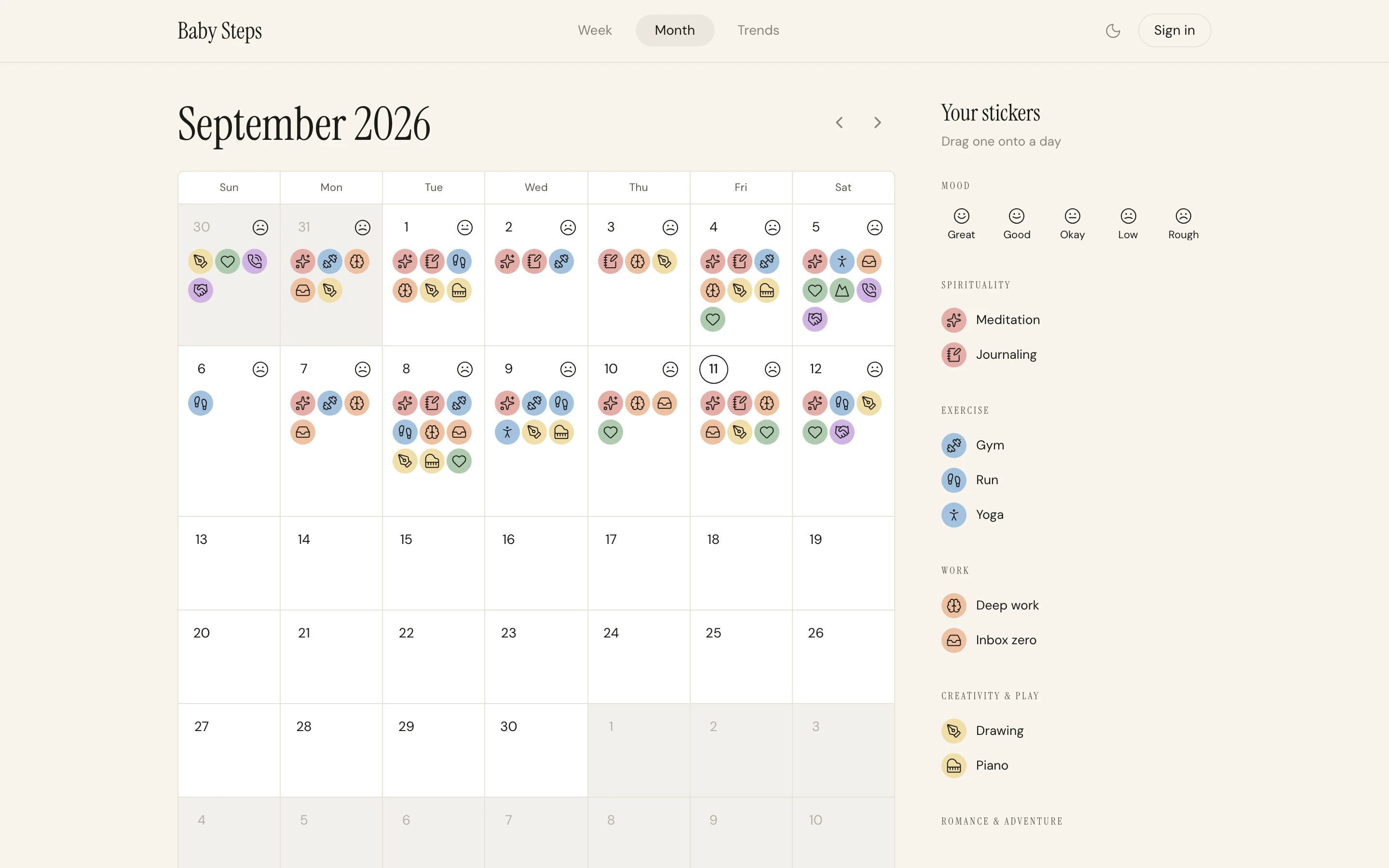 The Baby Steps habit tracker, showing a month of stickers
